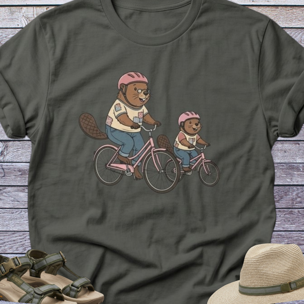 Mama & Daughter Beavers Riding Bikes T-shirt | Woodland Animals Humor