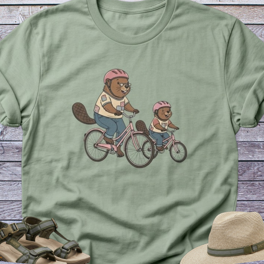 Mama & Daughter Beavers Riding Bikes T-shirt | Woodland Animals Humor