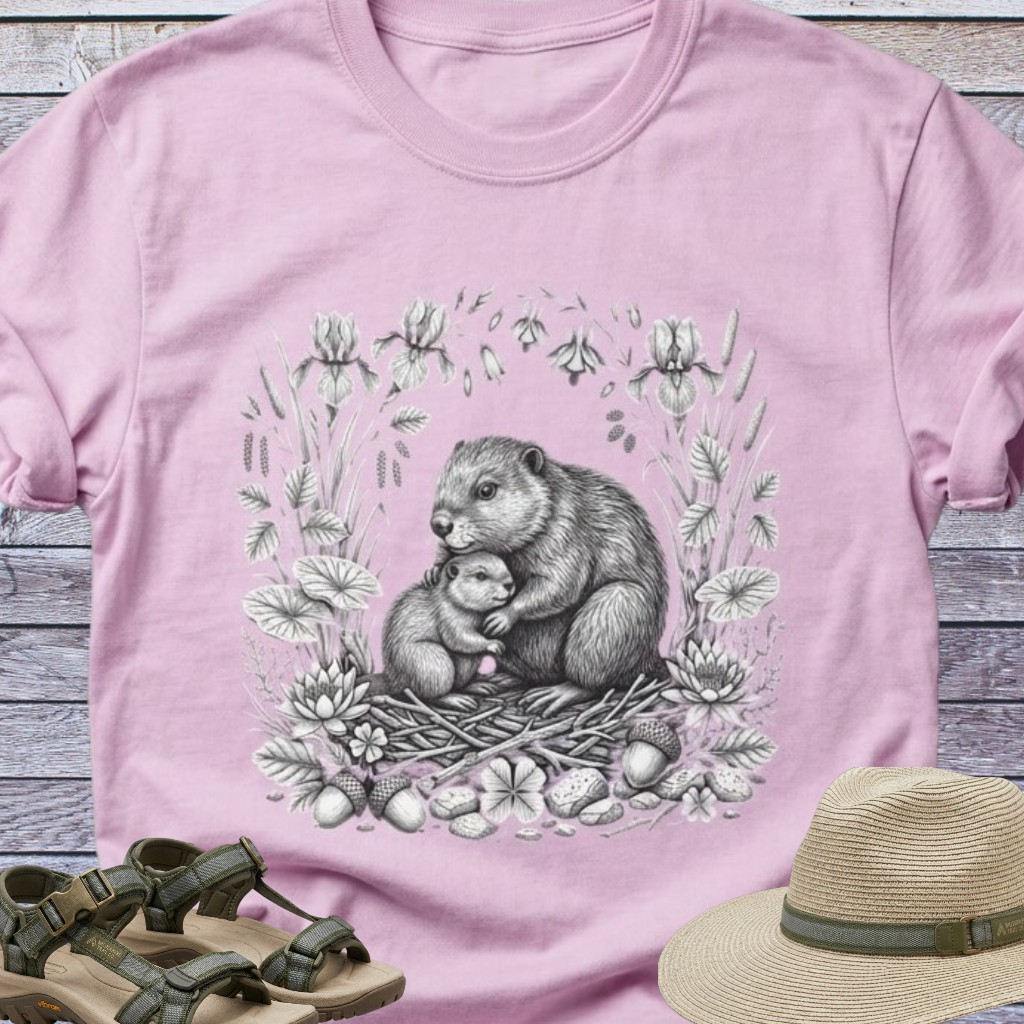 Mama Beaver Hugging Baby Kit T-Shirt | Woodland Animals Earthy Forest