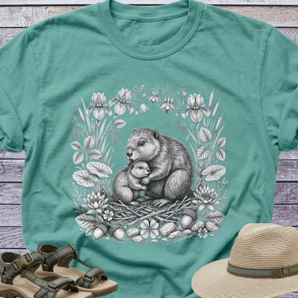 Mama Beaver Hugging Baby Kit T-Shirt | Woodland Animals Earthy Forest