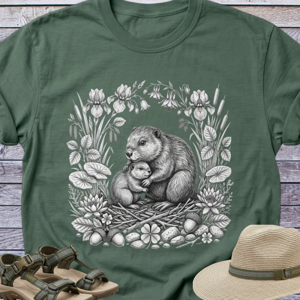 Mama Beaver Hugging Baby Kit T-Shirt | Woodland Animals Earthy Forest