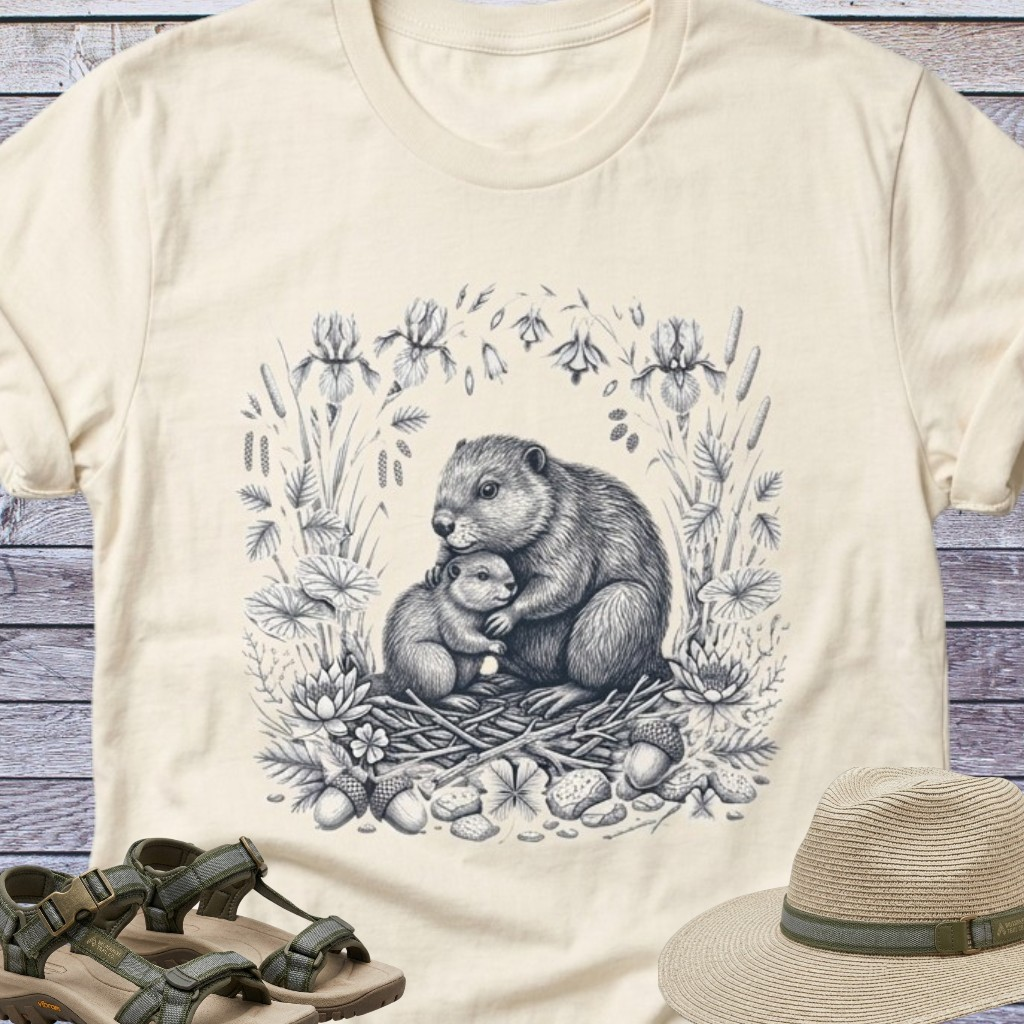 Mama Beaver Hugging Baby Kit T-Shirt | Woodland Animals Earthy Forest