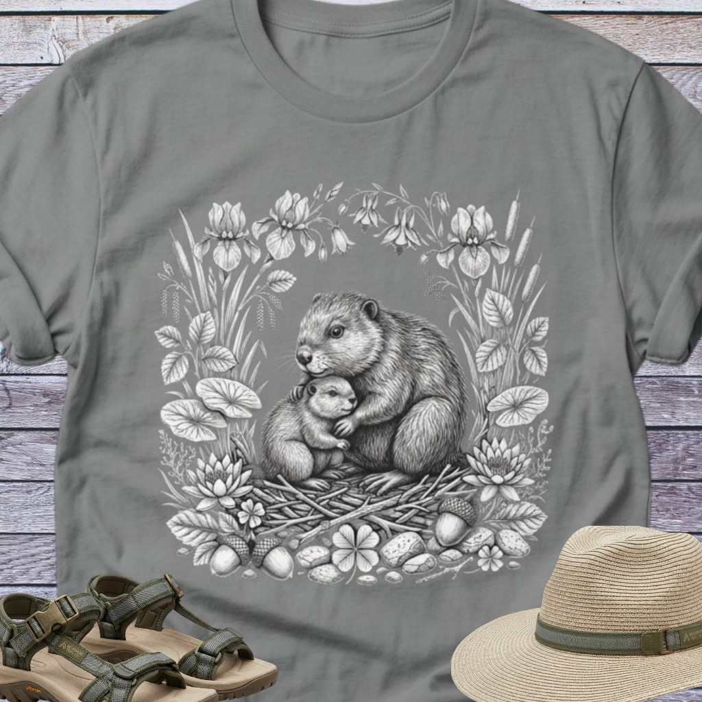 Mama Beaver Hugging Baby Kit T-Shirt | Woodland Animals Earthy Forest
