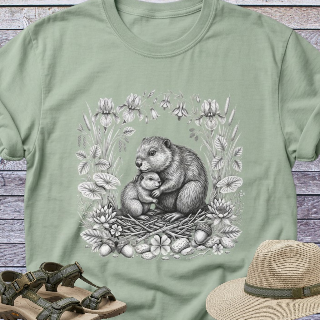 Mama Beaver Hugging Baby Kit T-Shirt | Woodland Animals Earthy Forest