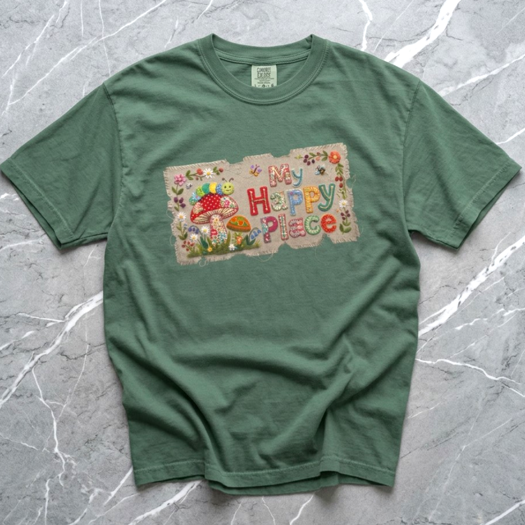 My Happy Place T-Shirt | Mushroom CottageCore with Whimsical Patchwork