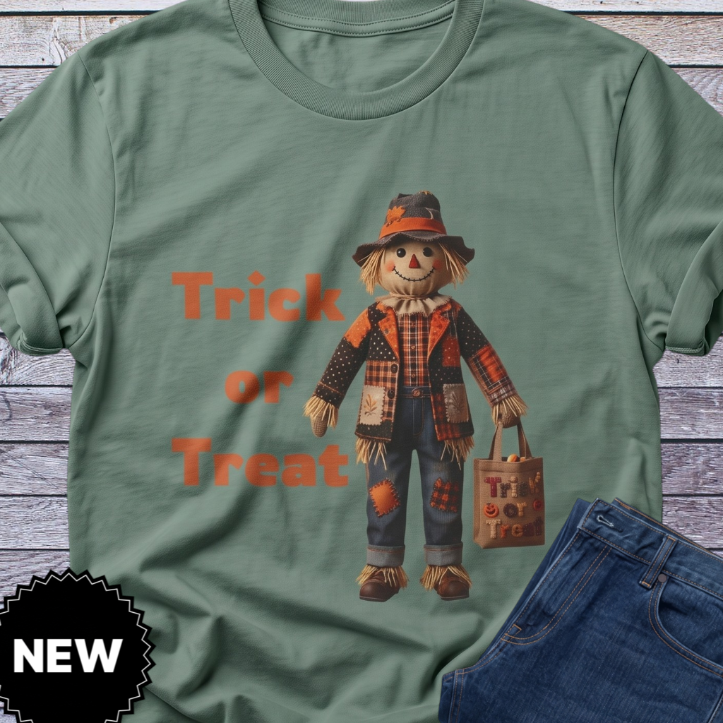 Halloween Scarecrow T-Shirt | Trick or Treat Spooky Patchwork