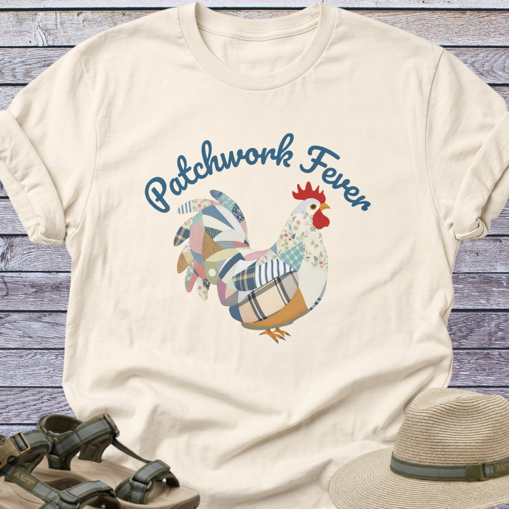 Patchwork-Style Rooster T-shirt | Chicken Graphic Cottagecore