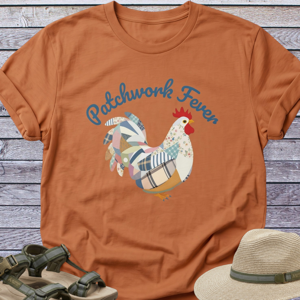 Patchwork-Style Rooster T-shirt | Chicken Graphic Cottagecore