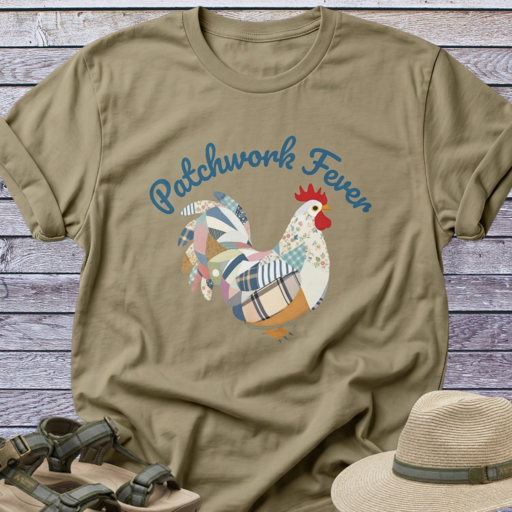 Patchwork-Style Rooster T-shirt | Chicken Graphic Cottagecore