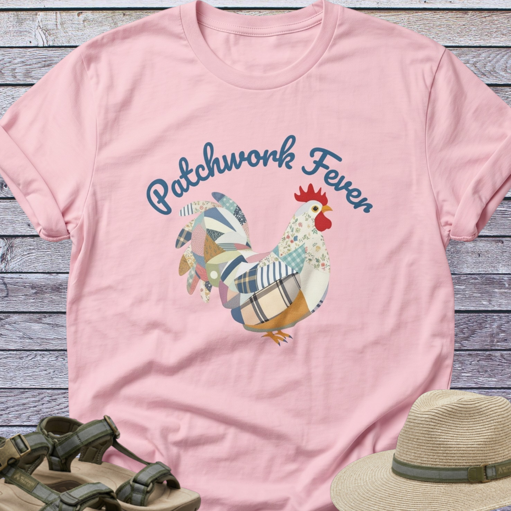 Patchwork-Style Rooster T-shirt | Chicken Graphic Cottagecore