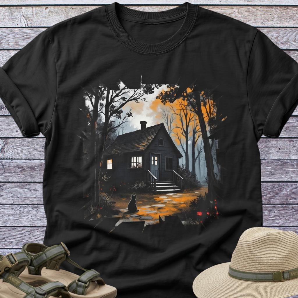 Spooky Dark Woods Cottage in Autumn Forest T-Shirt
