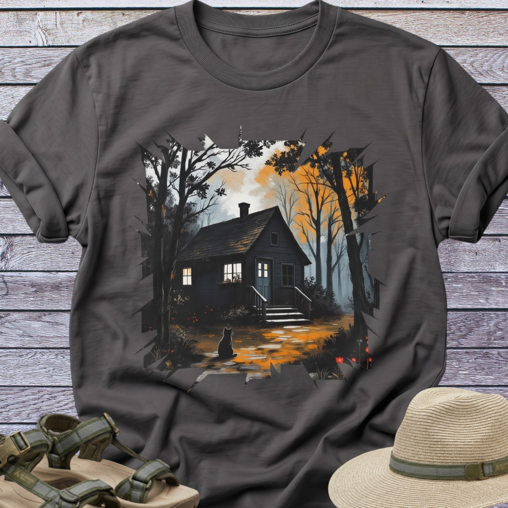 Spooky Dark Woods Cottage in Autumn Forest T-Shirt