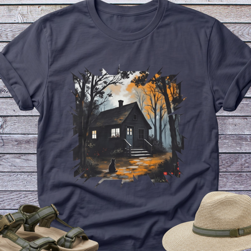 Spooky Dark Woods Cottage in Autumn Forest T-Shirt
