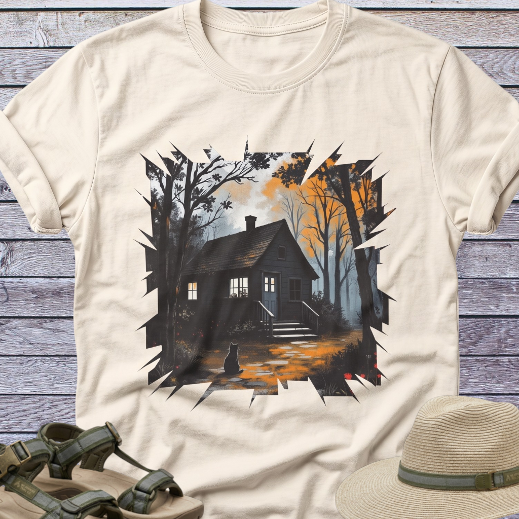Spooky Dark Woods Cottage in Autumn Forest T-Shirt