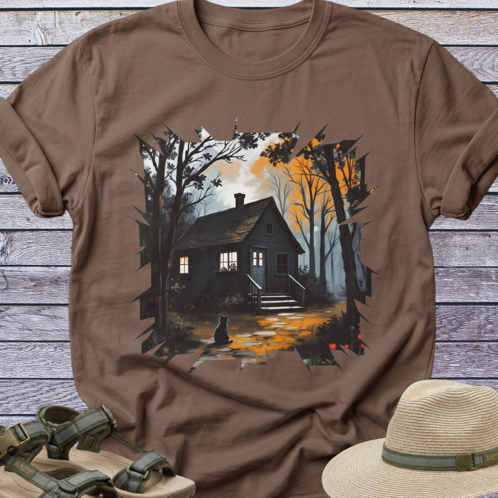 Spooky Dark Woods Cottage in Autumn Forest T-Shirt