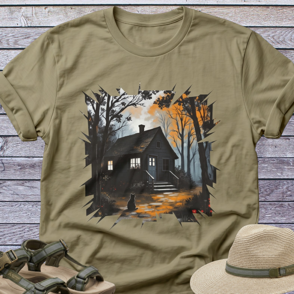 Spooky Dark Woods Cottage in Autumn Forest T-Shirt
