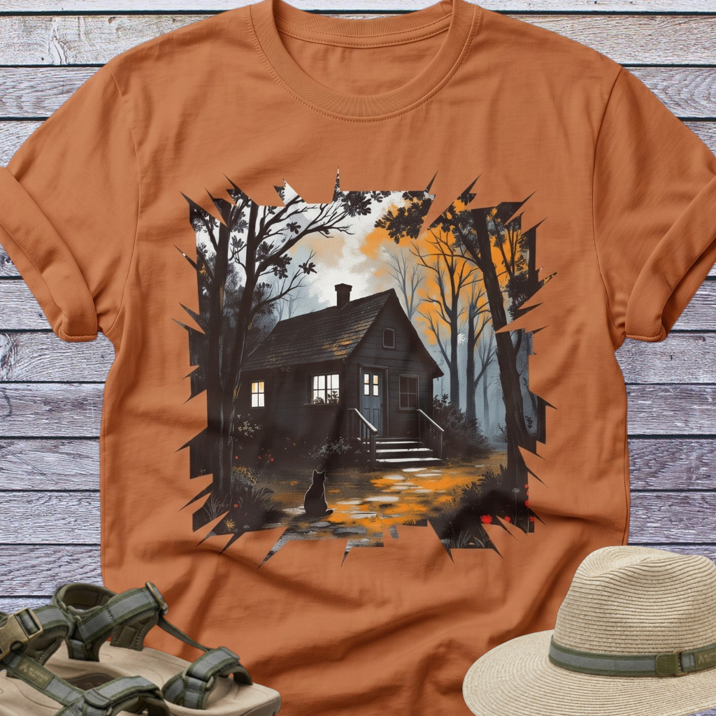 Spooky Dark Woods Cottage in Autumn Forest T-Shirt
