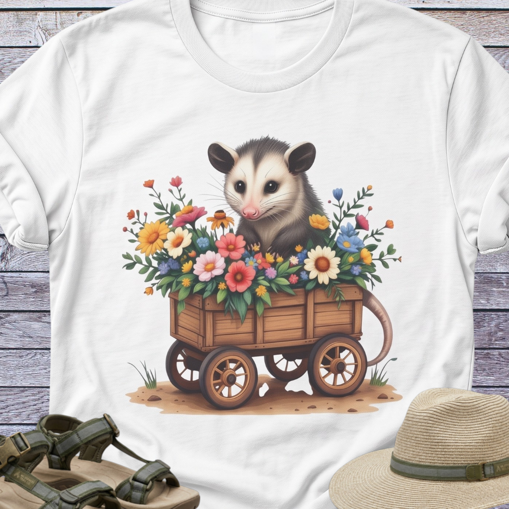 Opossum Flower Cart T-shirt | Woodland Animals