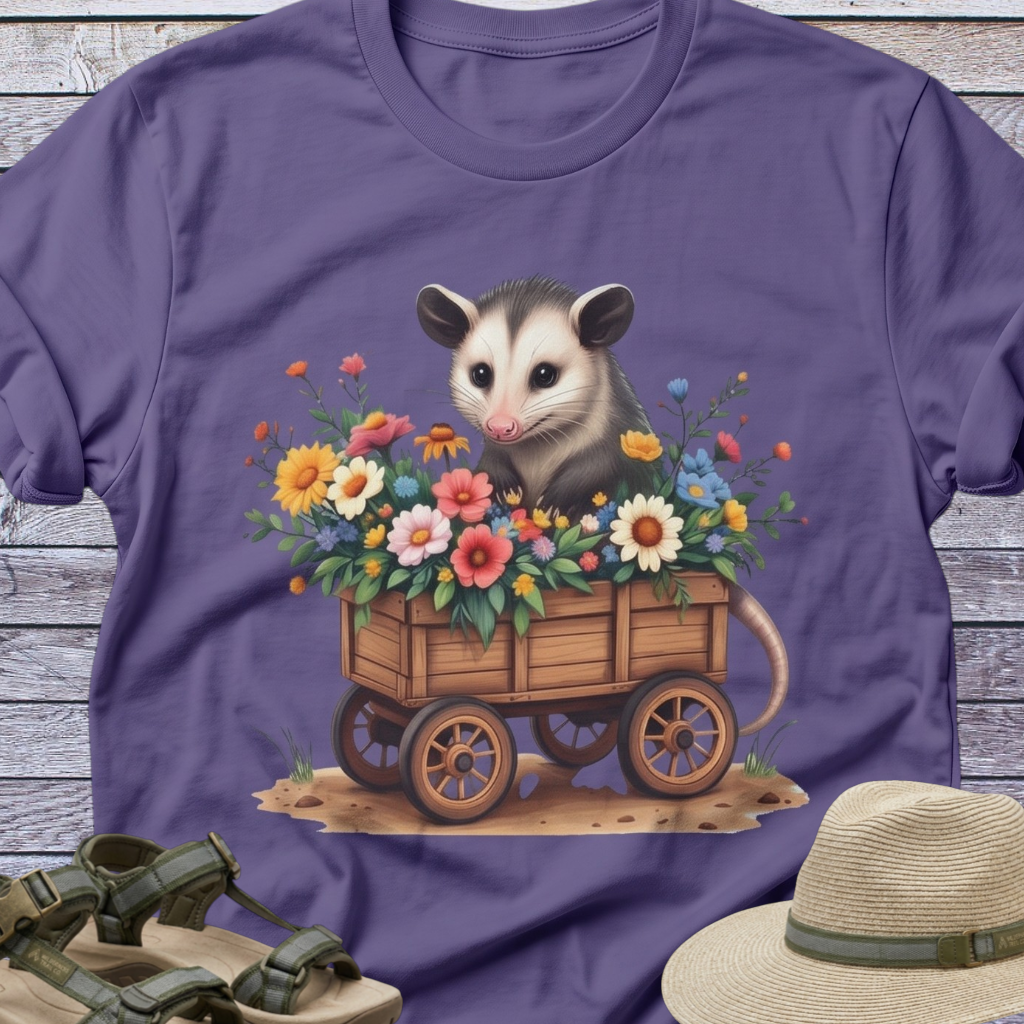 Opossum Flower Cart T-shirt | Woodland Animals