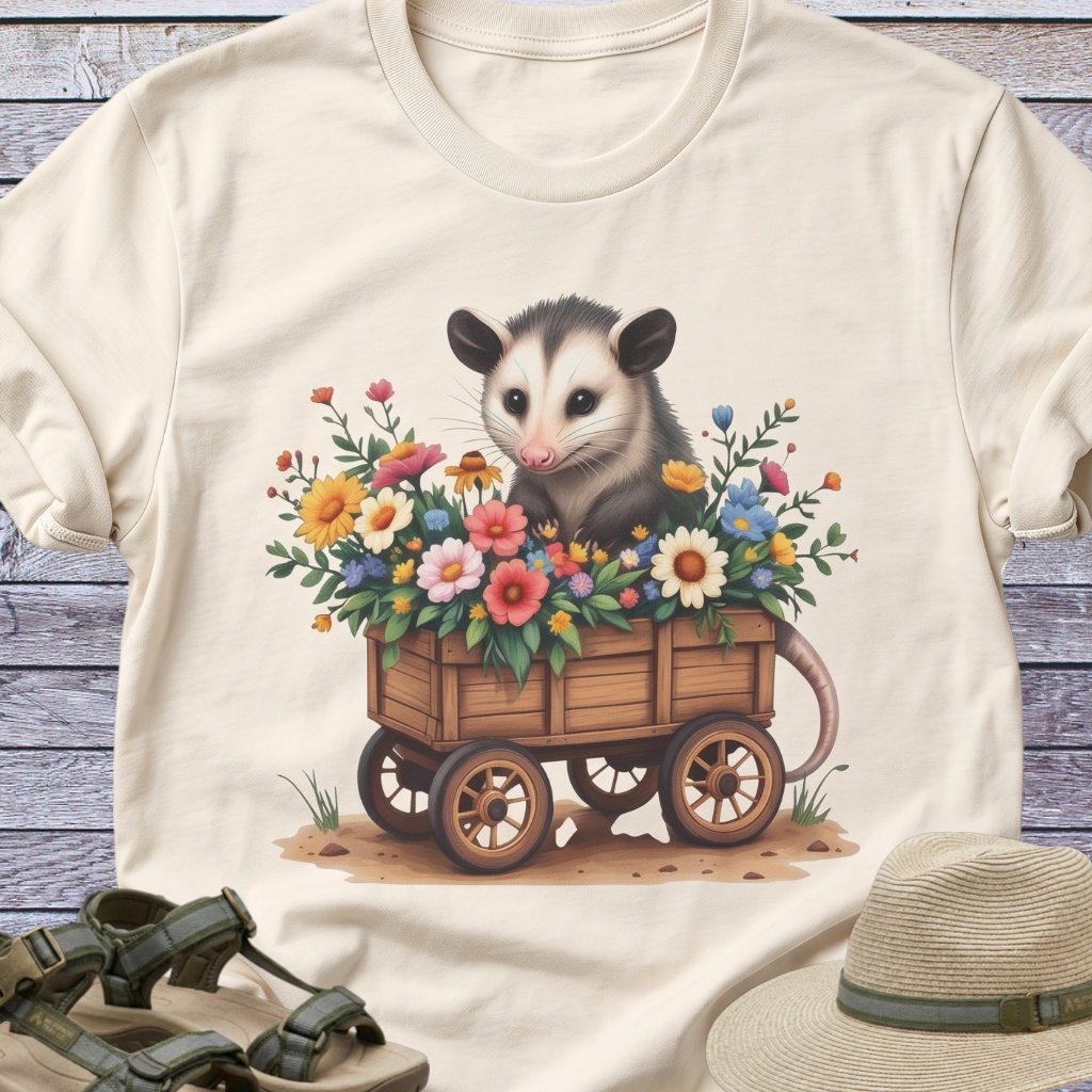 Opossum Flower Cart T-shirt | Woodland Animals