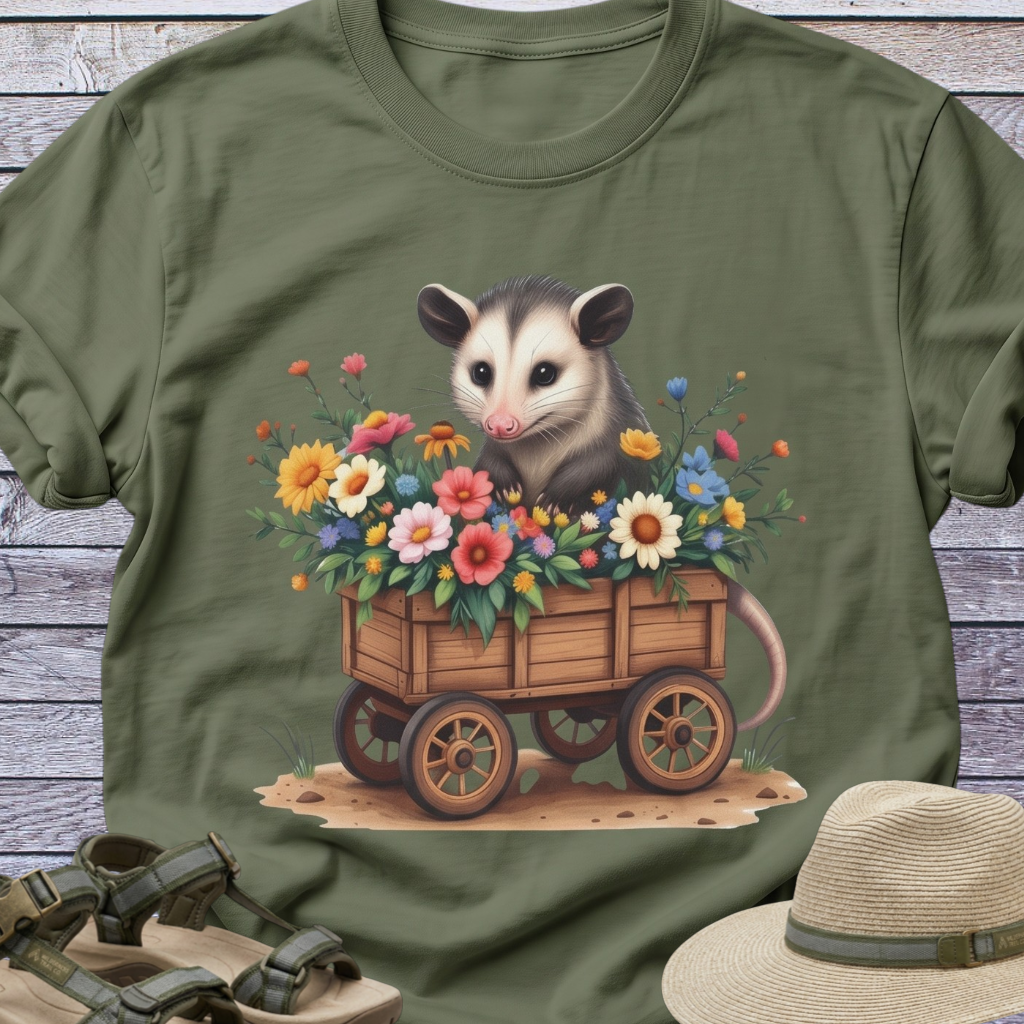 Opossum Flower Cart T-shirt | Woodland Animals