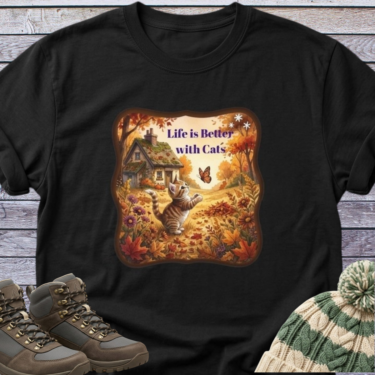 Fall Theme Kitten Butterfly Cottage T-Shirt