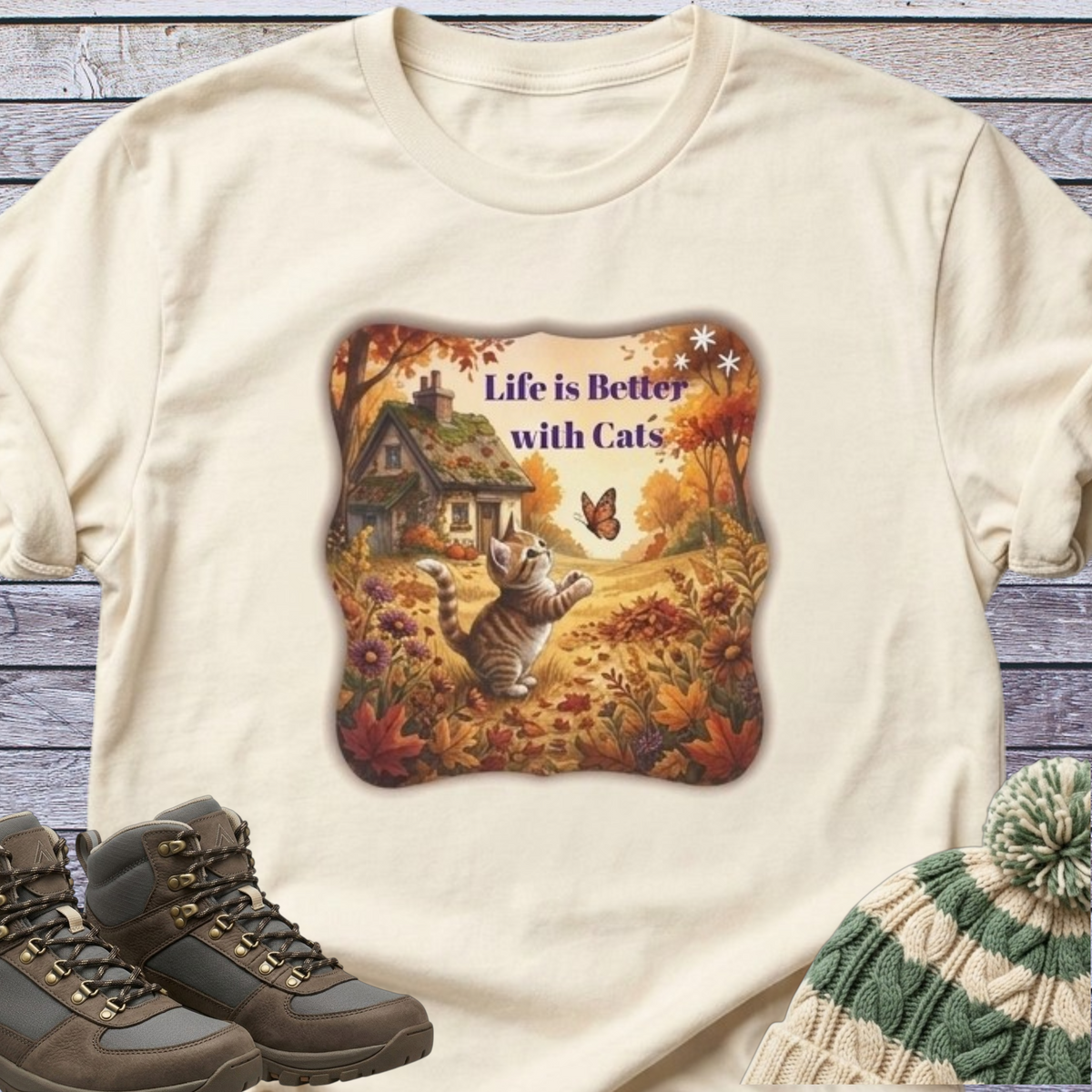 Fall Theme Kitten Butterfly Cottage T-Shirt
