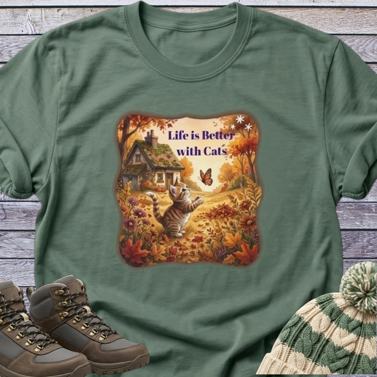 Fall Theme Kitten Butterfly Cottage T-Shirt