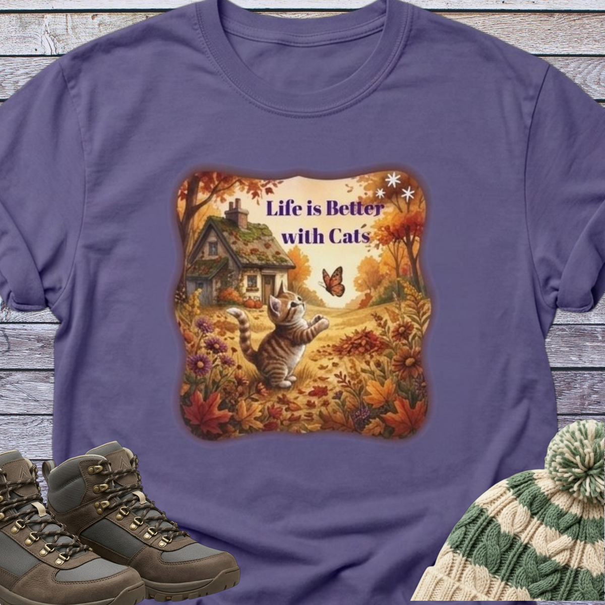 Fall Theme Kitten Butterfly Cottage T-Shirt