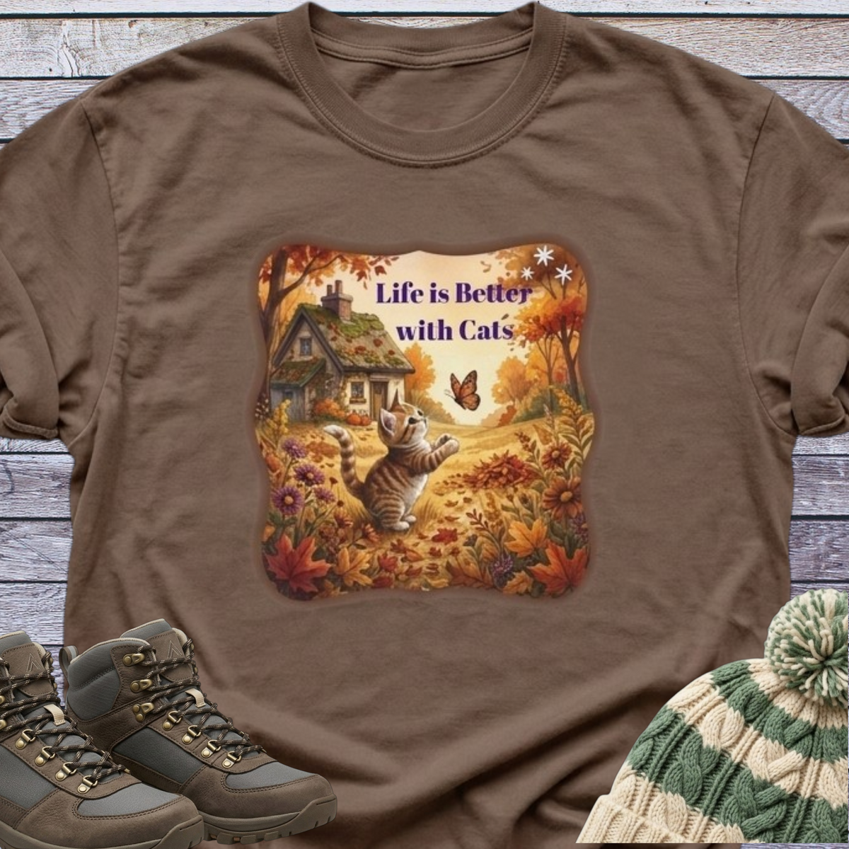 Fall Theme Kitten Butterfly Cottage T-Shirt