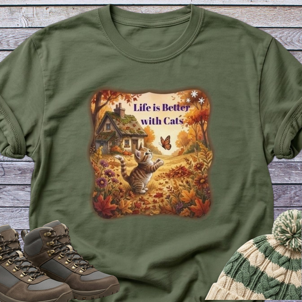 Fall Theme Kitten Butterfly Cottage T-Shirt