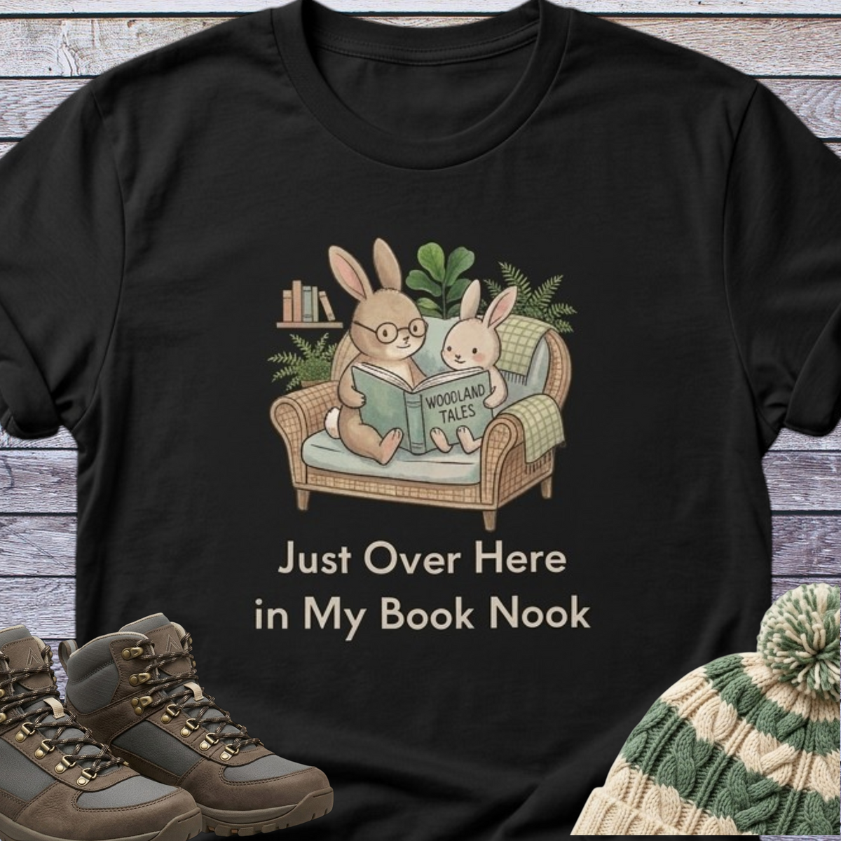 Rabbits Reading in Book Nook T-Shirt