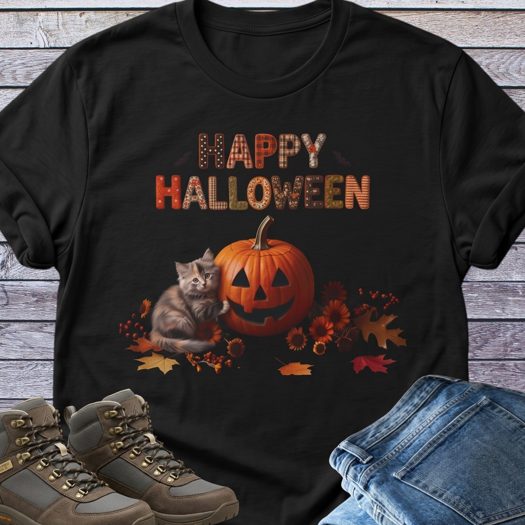 Halloween Pumpkin Grey-Orange Kitten T-Shirt