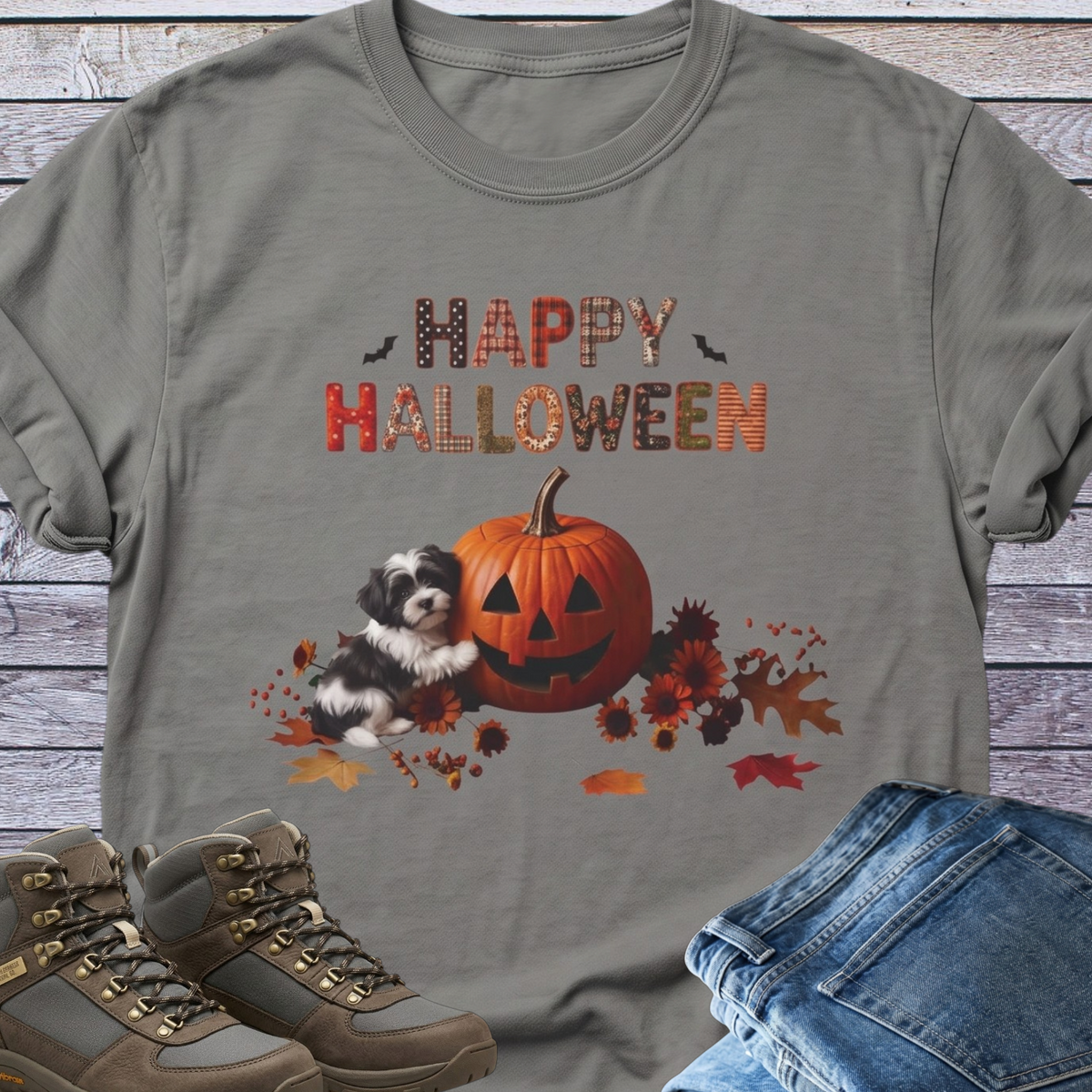 Halloween Pumpkin Black White Puppy T-Shirt
