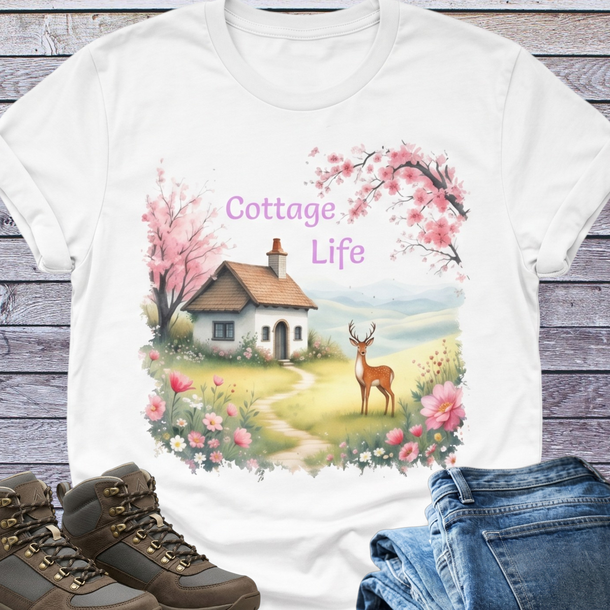 Cottage Life Deer Floral T-Shirt