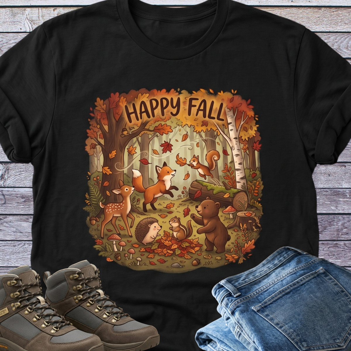 Woodland Animals Fall Leaves Variety T-Shirt