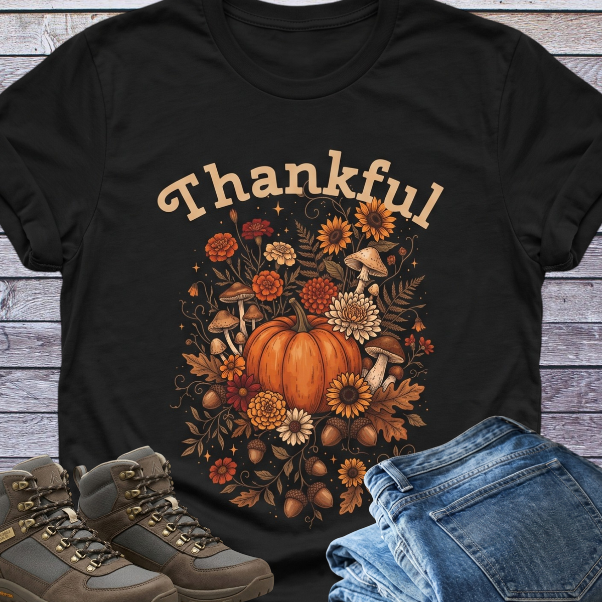 Thankful Pumpkin Fall Floral T-Shirt