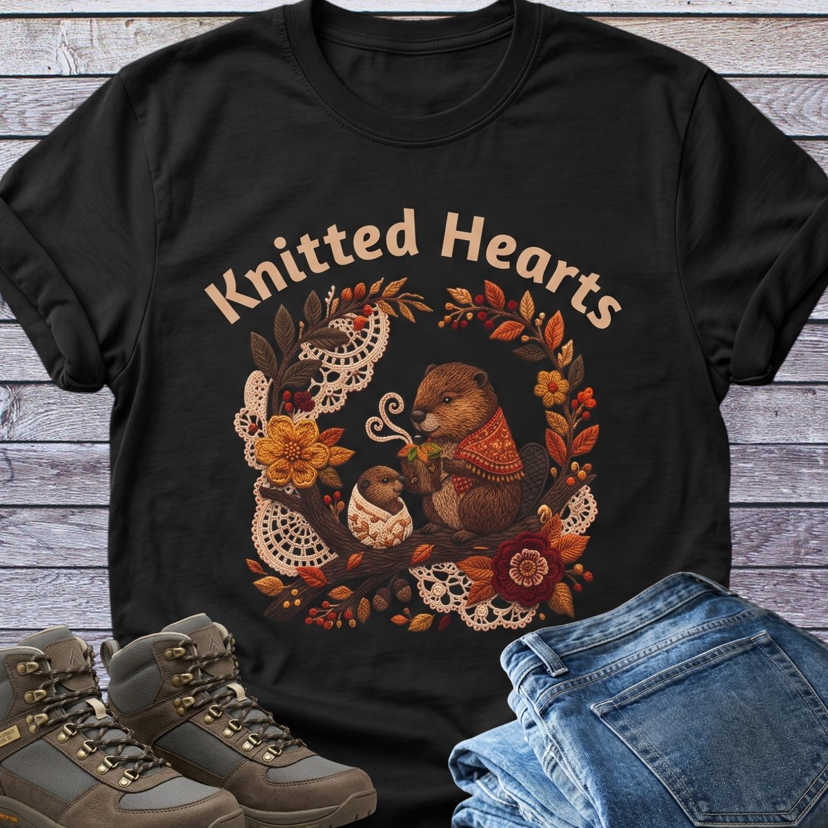 Knitted Hearts Beavers Crochet Floral T-Shirt