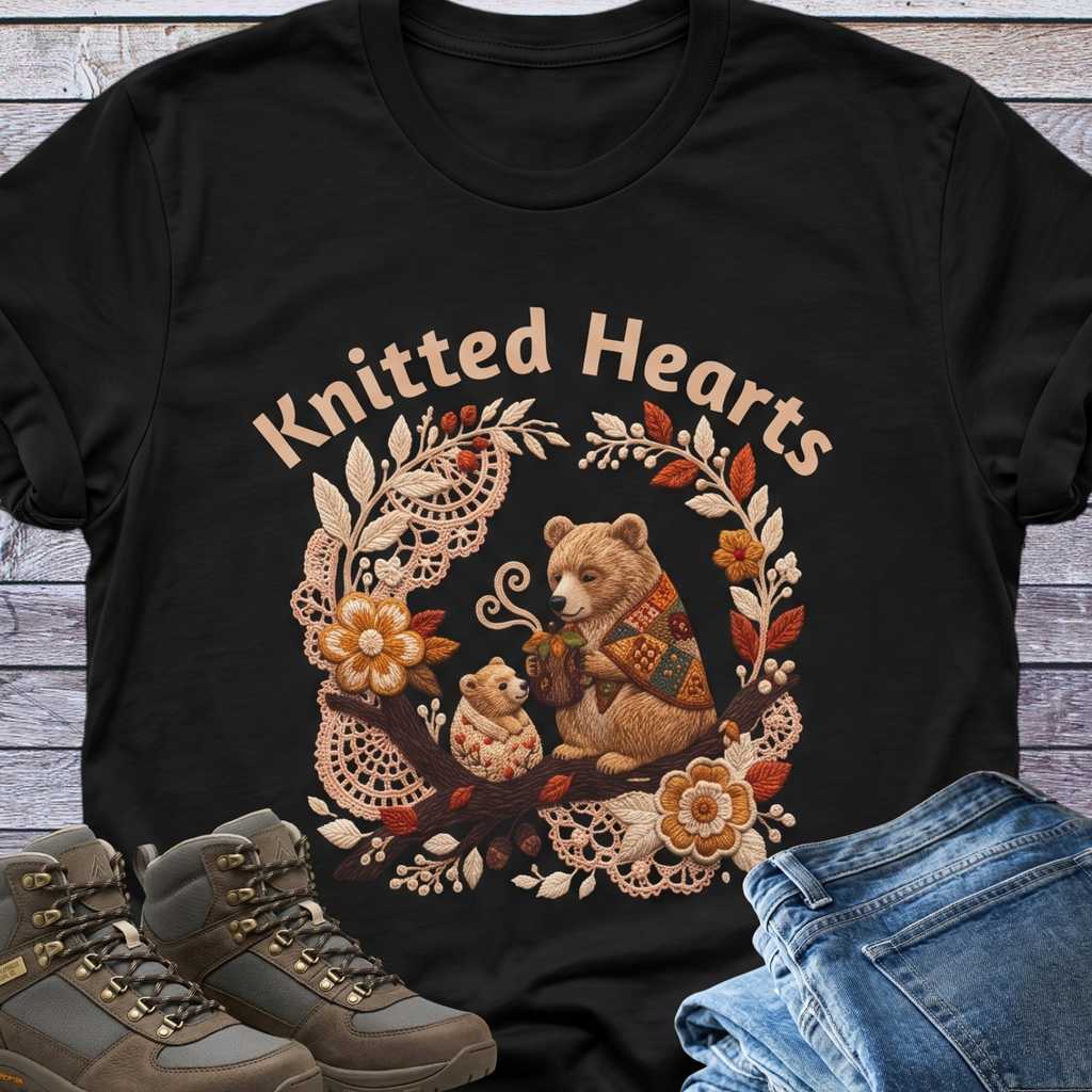 Knitted Hearts Bears Crochet Floral T-Shirt