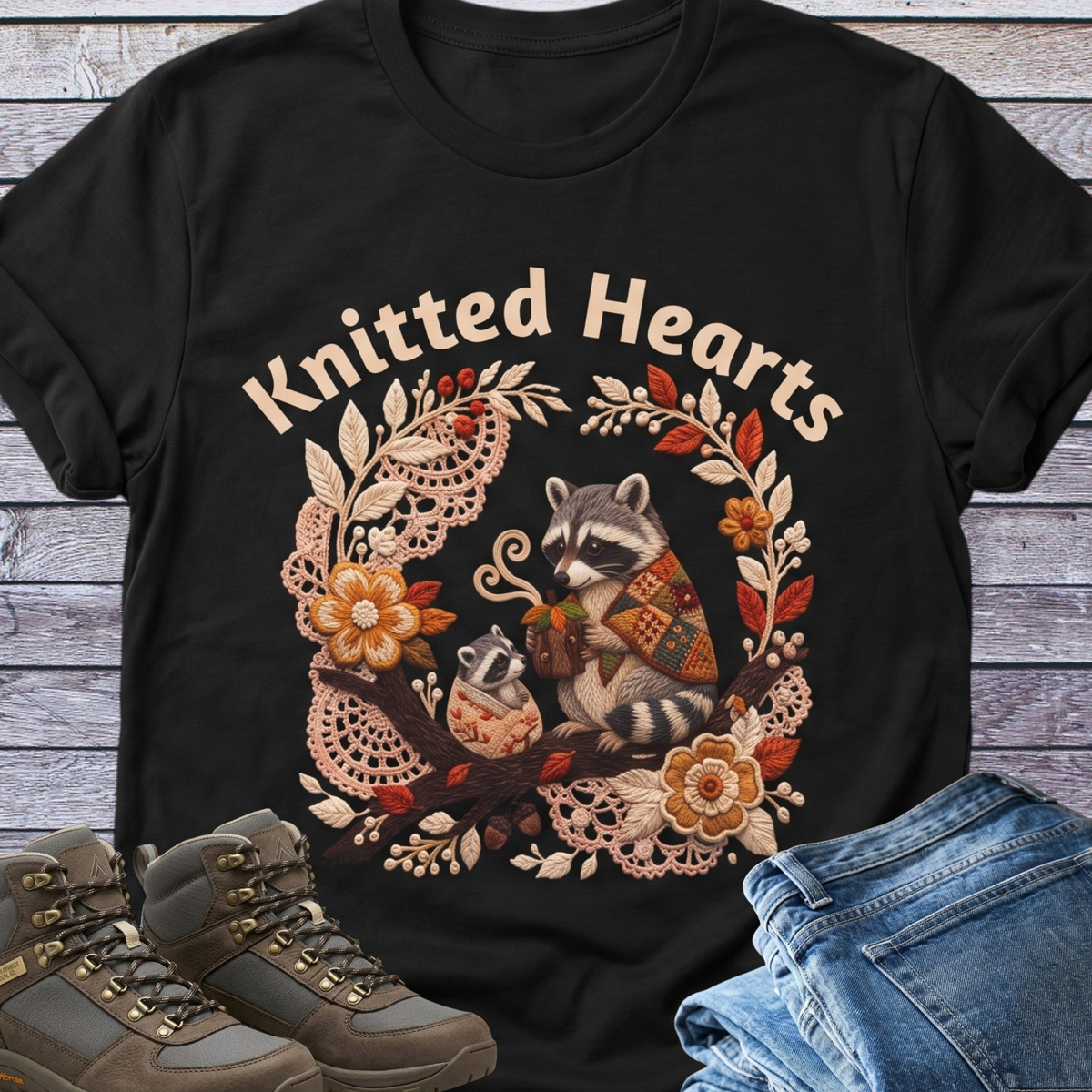 Knitted Hearts Raccoons Crochet Floral T-Shirt