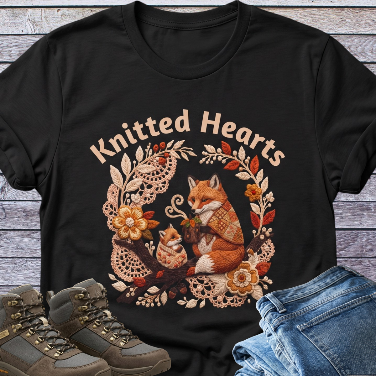 Knitted Hearts Foxes Crochet Floral T-Shirt