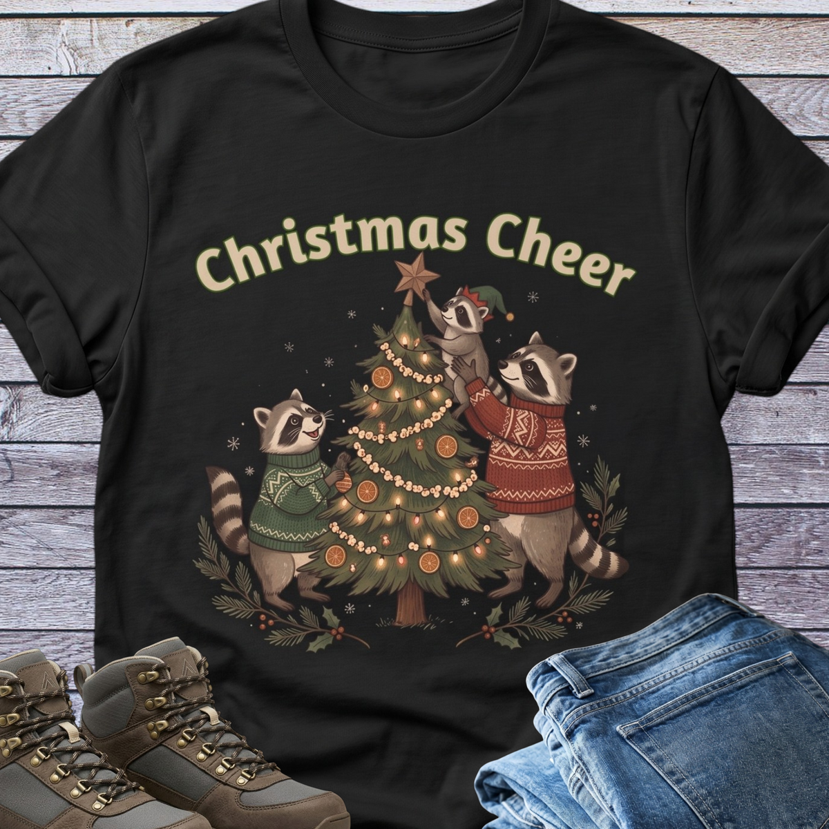 Raccoon Family Christmas Tree Trimming T-Shirt Vintage Style