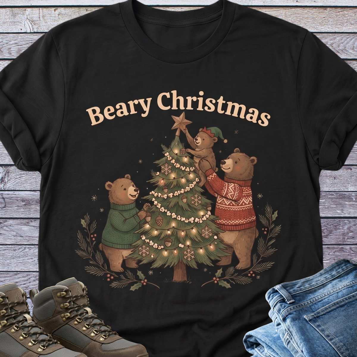 Bear Family Christmas Tree Trimming T-Shirt Vintage Style